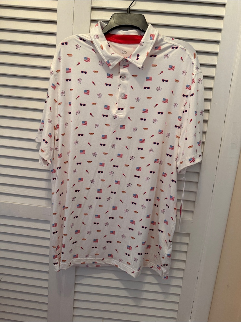 NWT C&C California White Men's Polo with Red, Blue American flag xl